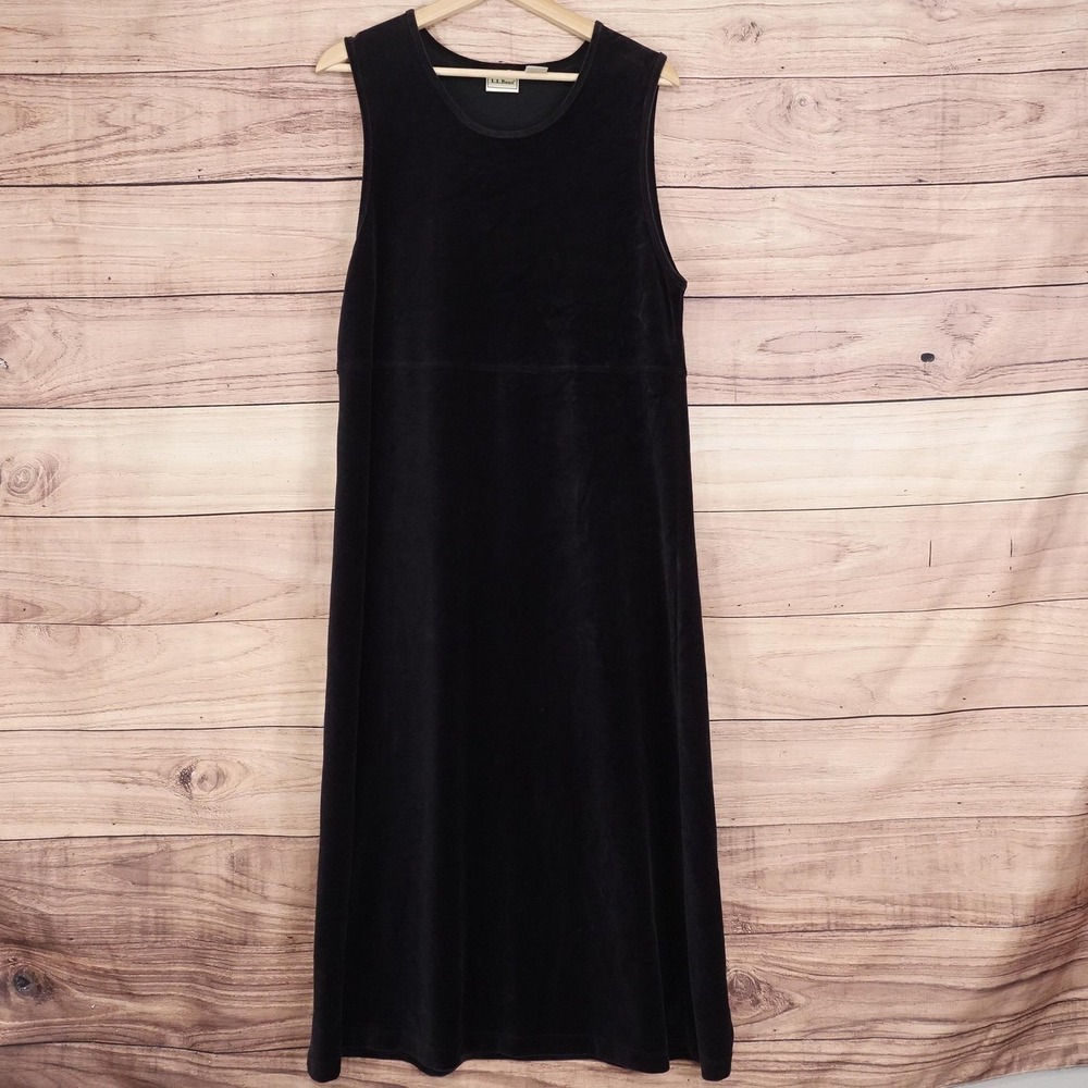 L.L. Bean Dress Womens MP Petite Black Velour Sleeveless Maxi Shift Casual